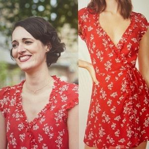 Reformation Garnet Floral Wrap Minidress in red as seen on Fleabag